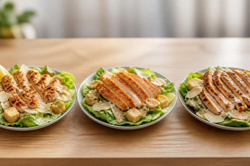 découvrez notre recette de salade césar au poulet avec trois versions savoureuses : grillé, pané et mariné. facile à préparer, parfaite pour un repas équilibré et gourmand.