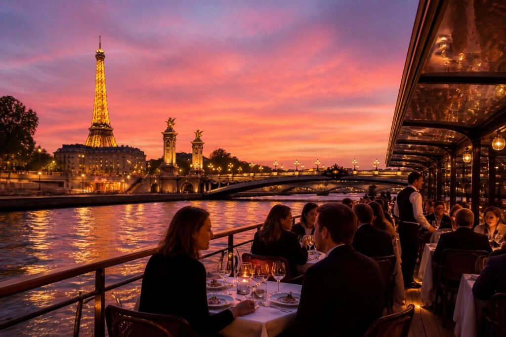 découvrez une expérience unique avec une croisière-dîner inoubliable sur le fleuve seine à paris. savourez une cuisine raffinée tout en profitant des plus beaux monuments éclairés de la ville lumière.