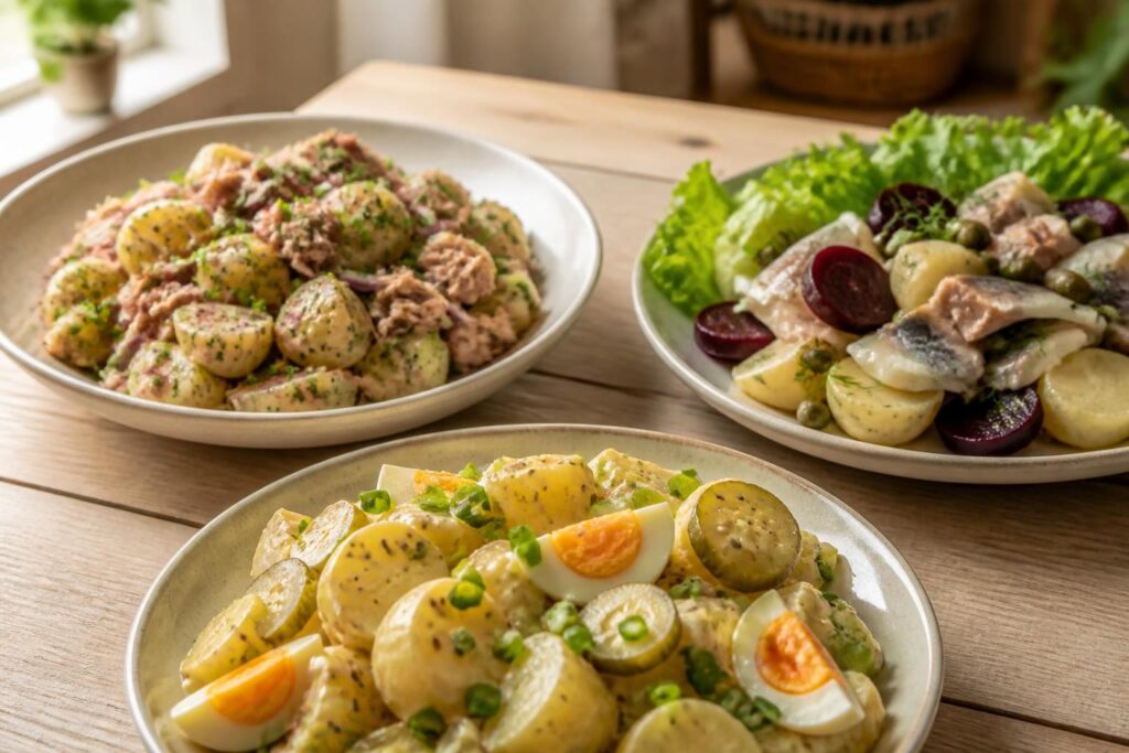 découvrez nos recettes savoureuses de salade de pommes de terre aux thon, hareng ou œufs, parfaites pour un repas frais et gourmand.