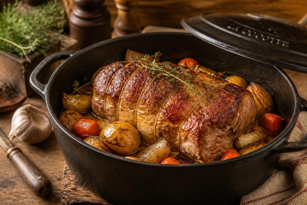 découvrez notre recette traditionnelle de rôti de porc à l'ancienne en cocotte, accompagnée d'astuces de cuisson pour un plat savoureux et tendre.
