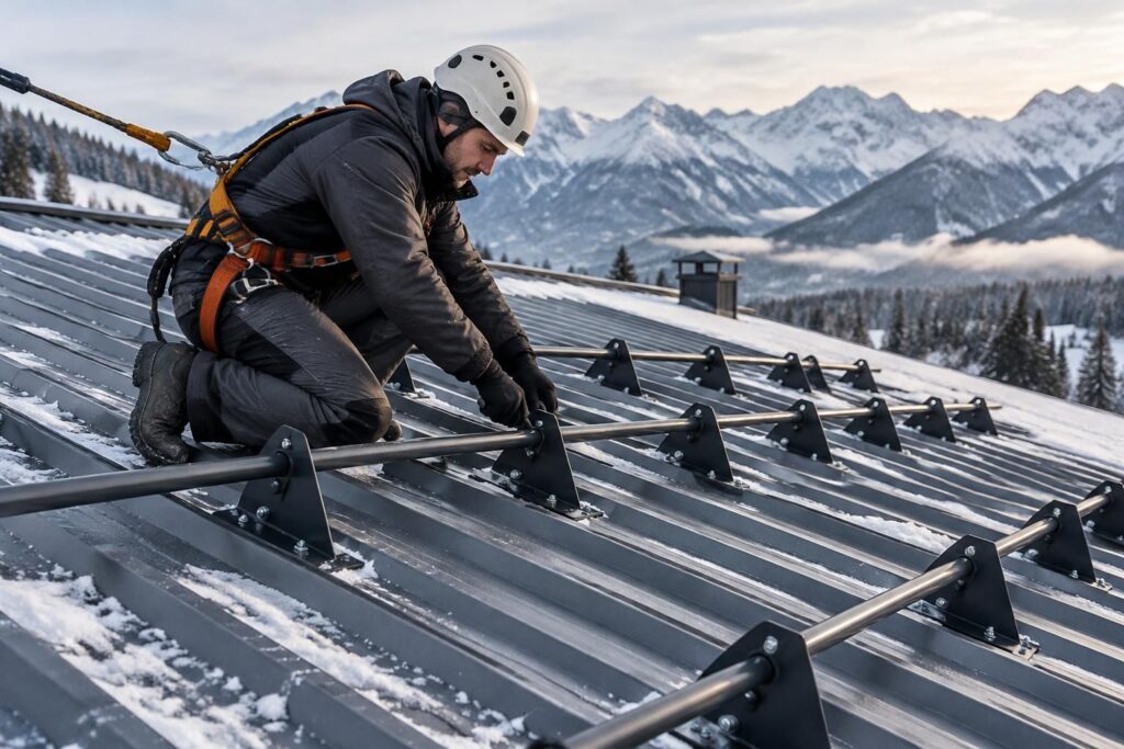 découvrez les normes et conseils essentiels pour choisir et poser un arrêt de neige sur une toiture en bac acier en toute sécurité.
